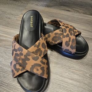 BAMBOO Women's Leopard Print Cross Strap Sandals - Black and Brown